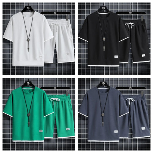 2025 Men's Sports Set Casual T-shirt and Shorts Loose and Comfortable Summer Waffle Set Jogging Set