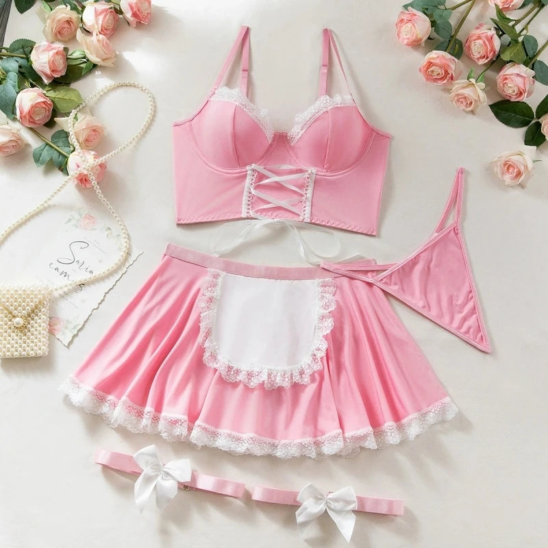 Women Lace Bandage Bra And Panty Underwear Set Hot Erotic Sexy Costumes Underwire Push Up Corset Bralette Top Bow Leg Rings