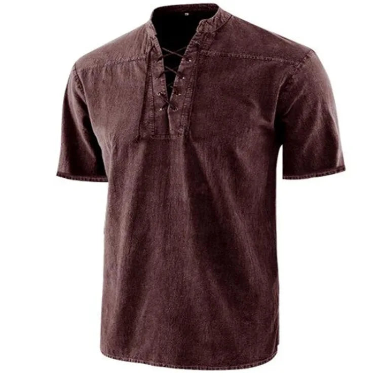 Summer T Shirt Men Stand Collar Front Lace Up Short Sleeve V Neck Slim T Shirt Streetwear for Daily Wear Casual Tops Tees S-5XL