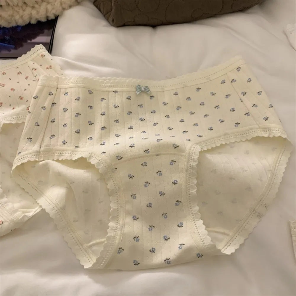 Lingerie Mid-waist Underwear for Women Bear Bow Sweet Floral Panties Underpants Grid Cotton Briefs Summer