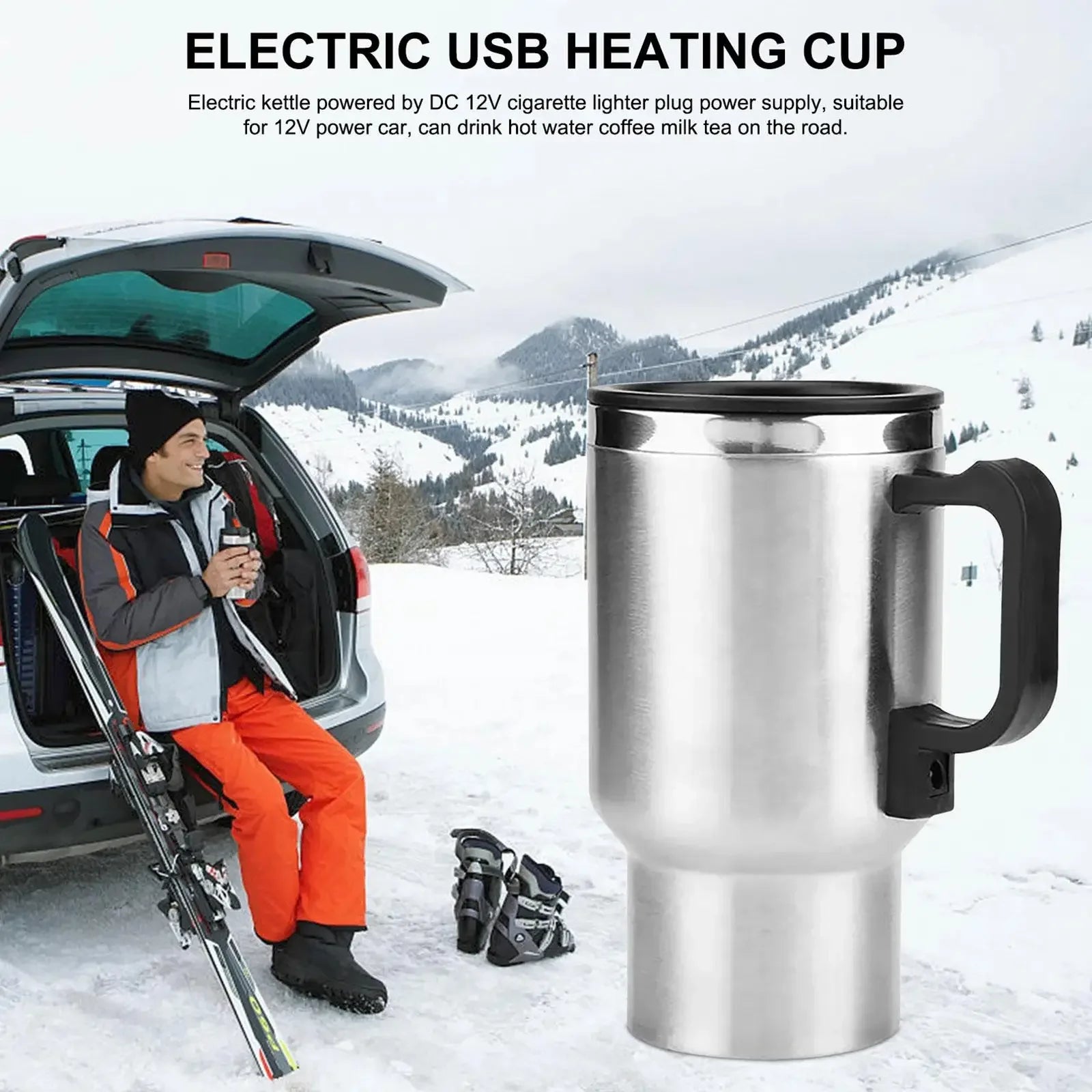 Car Electric Heating Cup 12V Stainless Steel Thermos 450ml USB Heated Mug For Outdoor Travel Camping Coffee Tea Warm Accssories