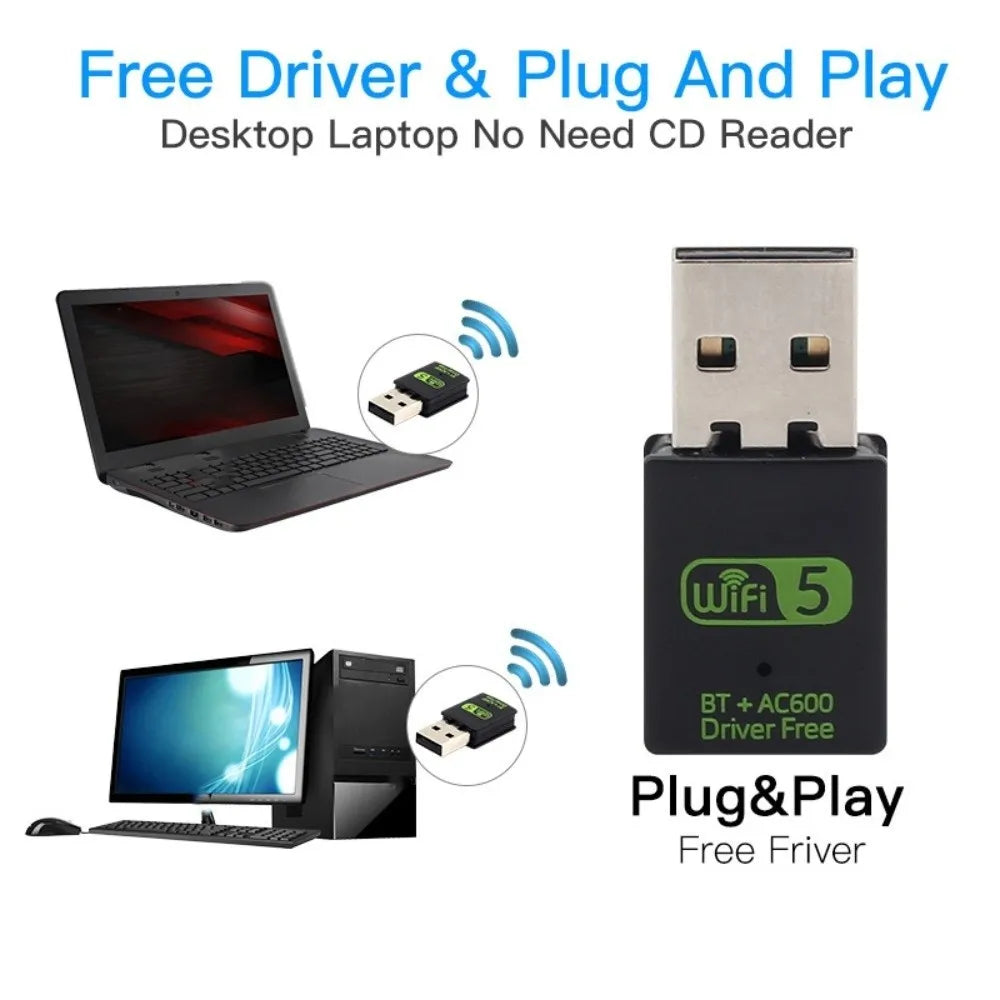 600Mbps Bluetooth 5.0 2 in1 Dongle Bluetooth USB2.0 Wifi Network Adapter Dual Band Free Driver Wireless Network Card Home Office
