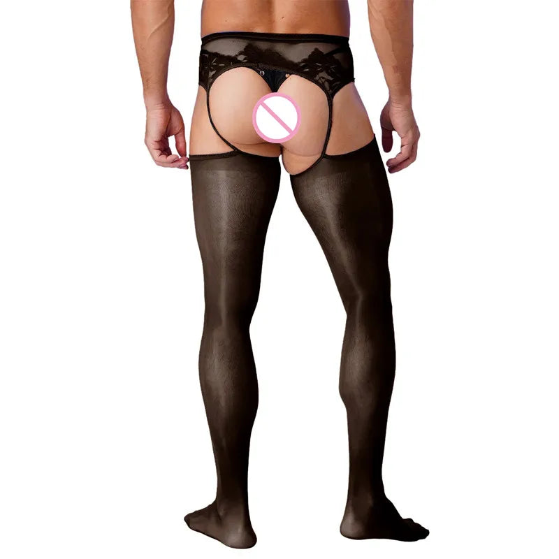 Lingerie Mens Ultra Thin Mesh Leggings Gays Pantyhose Floral Lace See Through Underpants Garter Stockings for Night Dating Wear