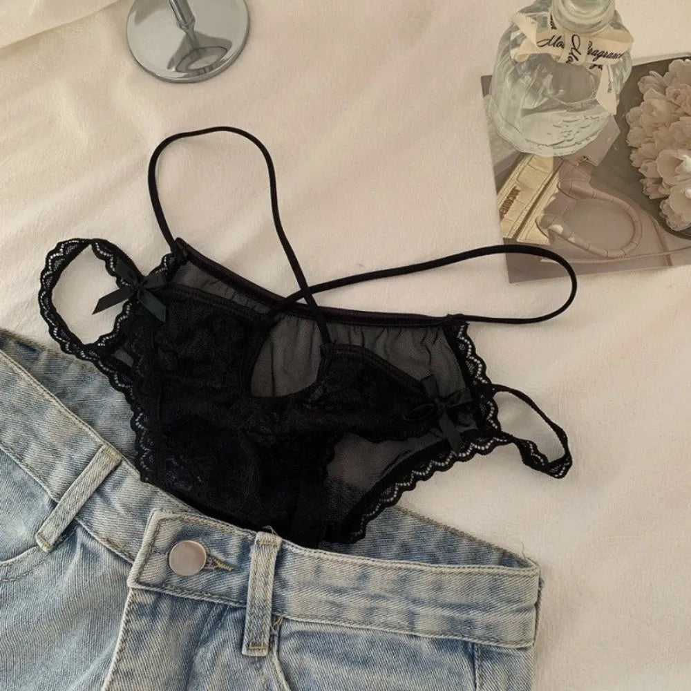 Lingerie Bow Lace Flower Panties Transparent Hollow Lace Mesh Briefs Low Waist Thin Strap Women Underwear Girl