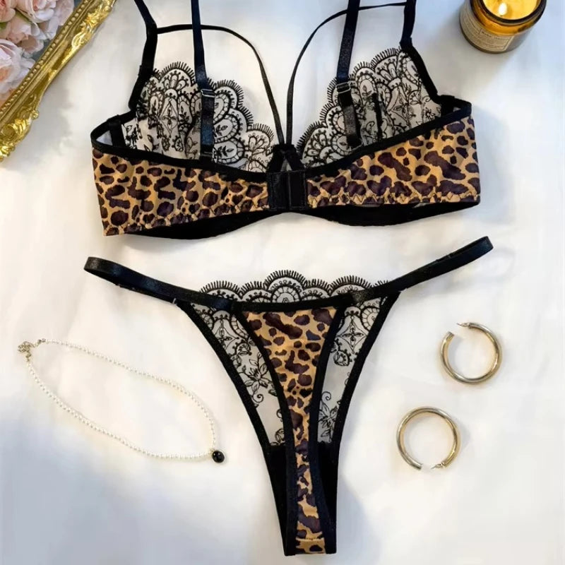 Lingerie Sexy Hot Womens Lace Underwear Transparent Bra Panty Set Three-point Underwear Pure Desire Leopard Print Lingerie Sets