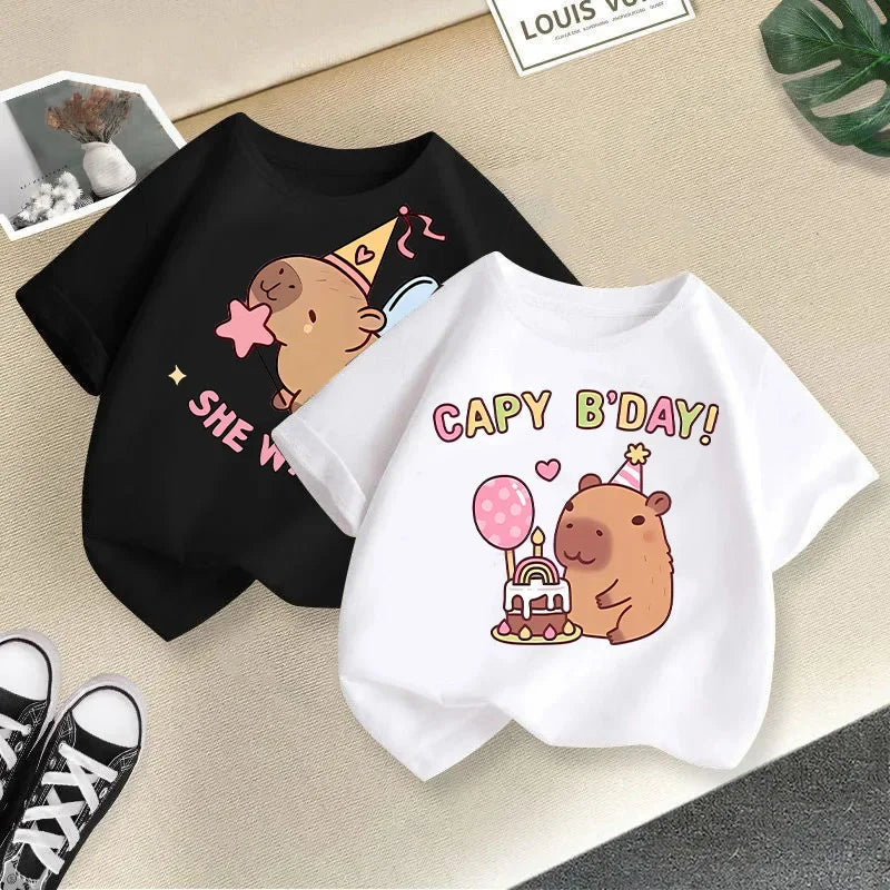 Summer New Girls' T-shirt, Short-sleeved, Children's Round Neck, Loose, Cute and Stylish, Capybara Print Casual Top Kids Modal