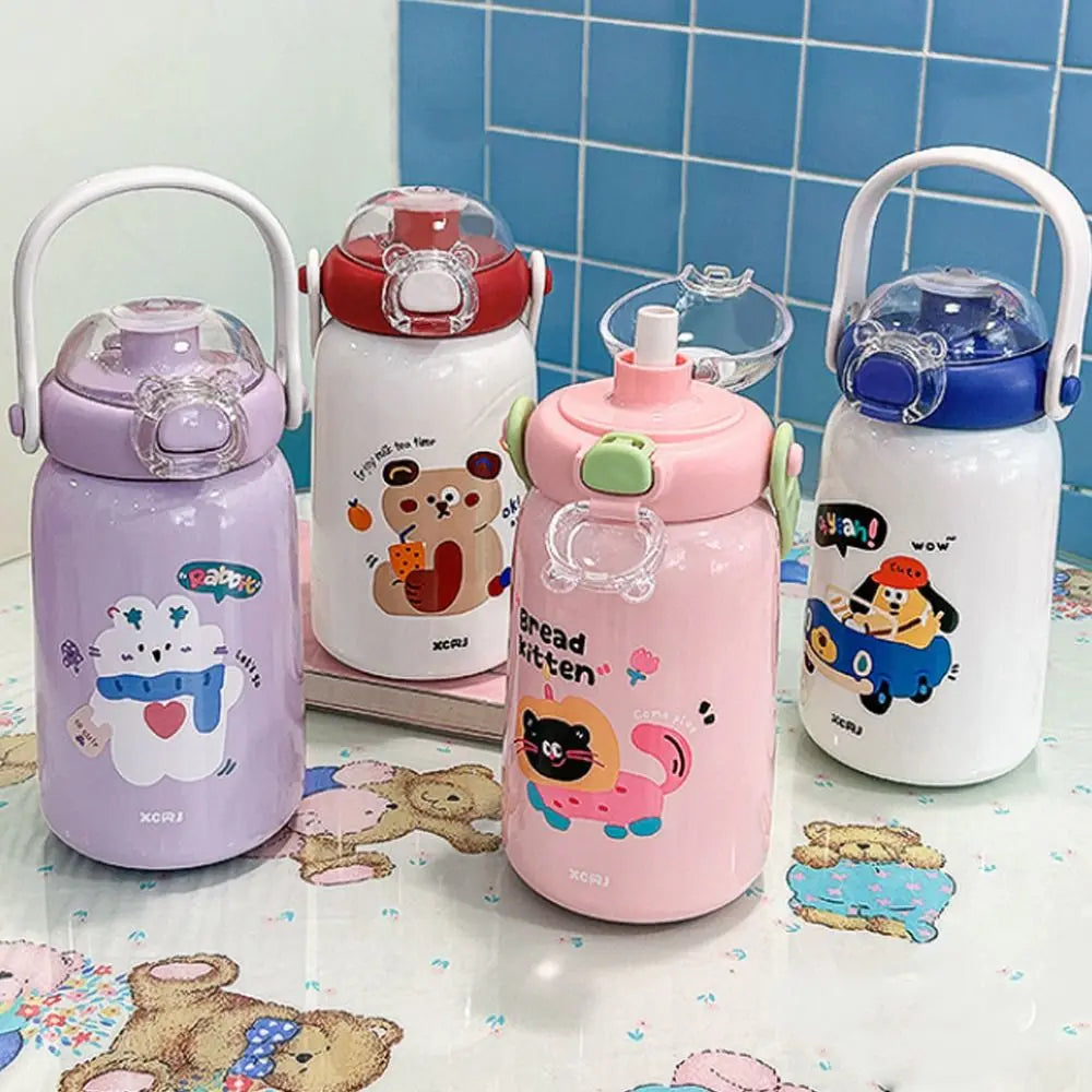 Cartoon Thermal Cup Large Capacity Double Drinking Straw Student Water Cup Stainless Steel Leakproof Insulated Cup for Children