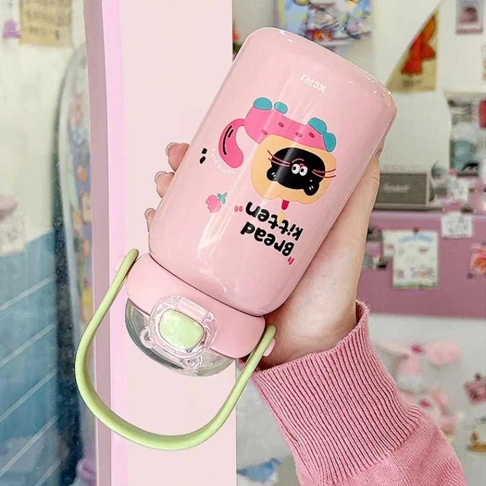 Cartoon Thermal Cup Large Capacity Double Drinking Straw Student Water Cup Stainless Steel Leakproof Insulated Cup for Children