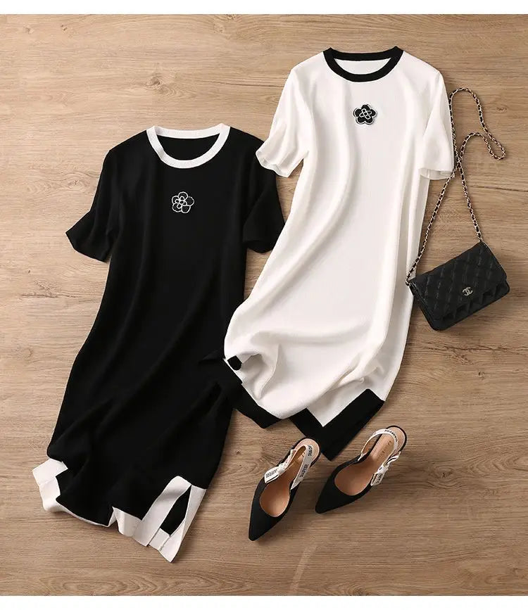 Summer Dresses Ladies 2023 Luxury Designer Rose Embroidery Split T shirt Long Ice Silk Straight Maternity Dress Women's Clothing