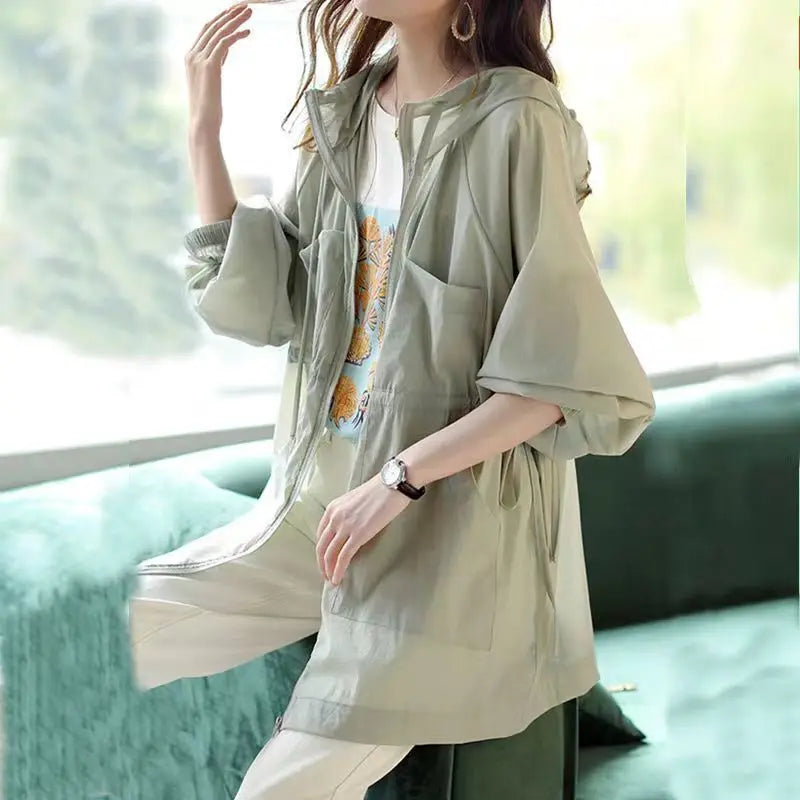 Summer Sunscreen For Women 2025 New Drawstring Waist Mid-length Thin Windbreaker UV Protection Cardigan Lightweight Trench Coat