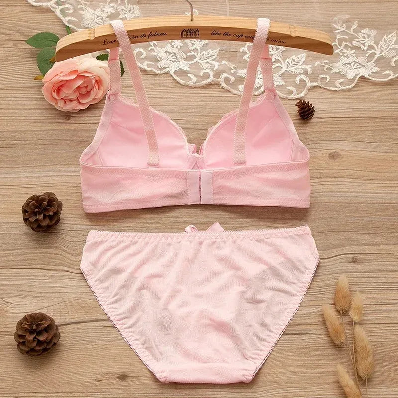 2pcs/set Solid Color Lace Bow Sexy No Steel Rings Comfortable Girls Bra Gather Adjustable Bra Panties Set Teen Underwear Puberty