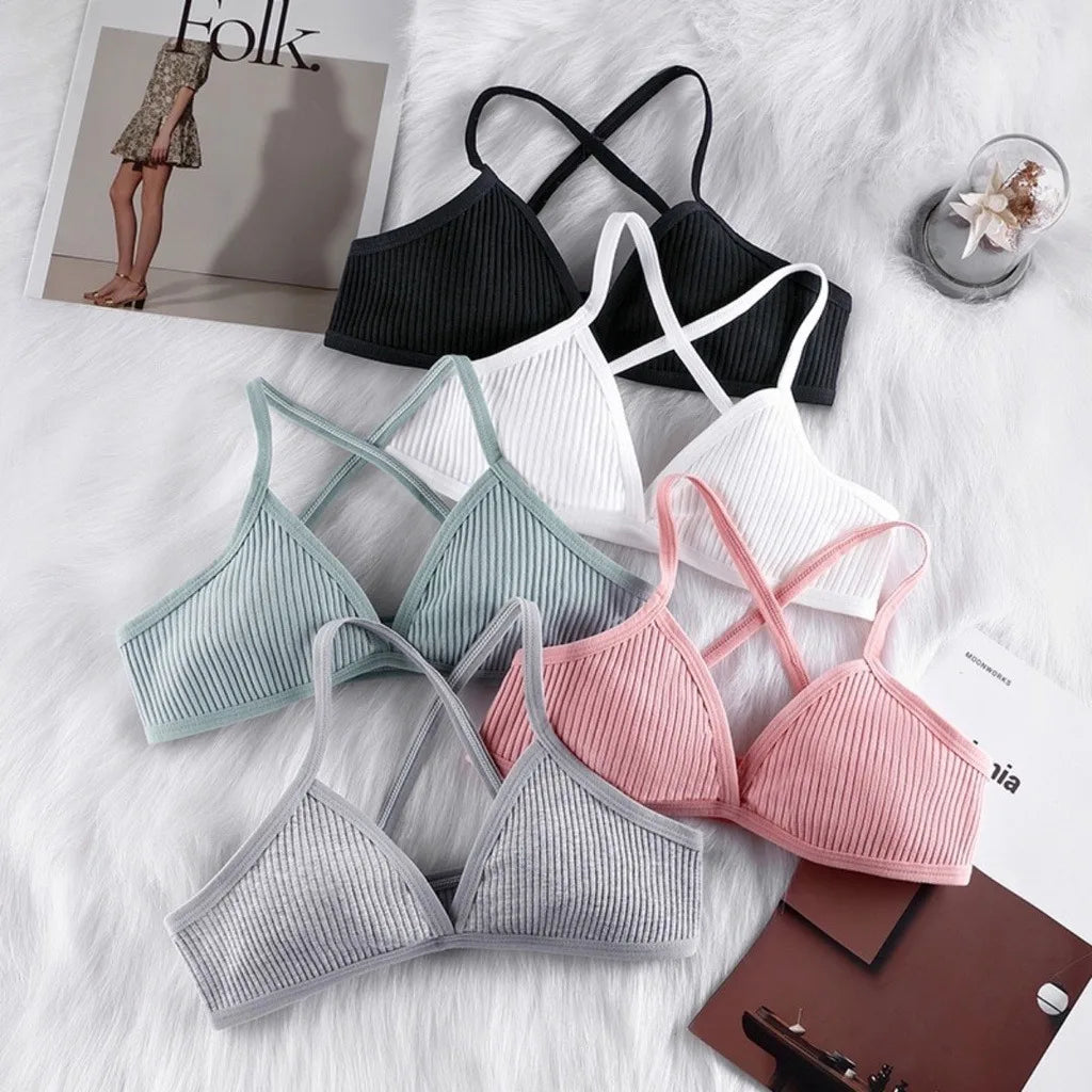 Sexy Bra Panties Women Lingerie Unpadded Bra Sexy Deep V Triangle Cup Cross Back Cotton Sports Set Panties