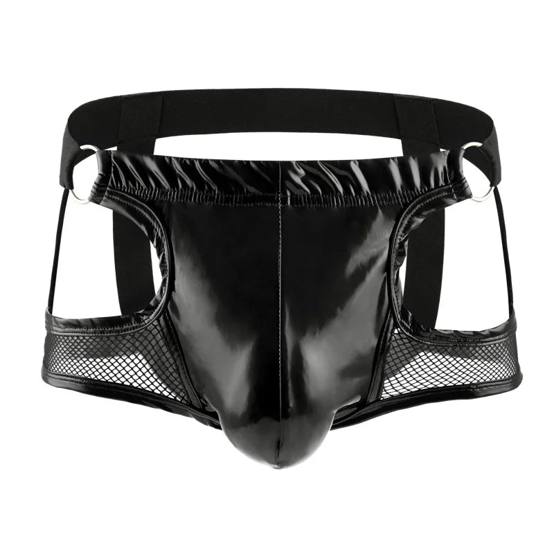 Lingerie Men Briefs Thong G-string String Homme PU Leather Mesh Patchwork Latex Panties Jockstrap Exotic Open Butt Gay Boxers