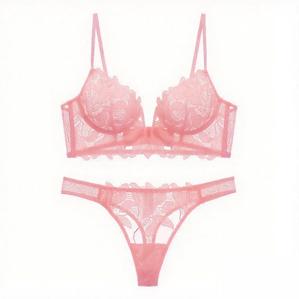 Sexy French Deep V Embroidery Mesh Lingerie Set Autumn Women's Ultra-thin Lace Bra and Panty Set Female Solid See Though Bra
