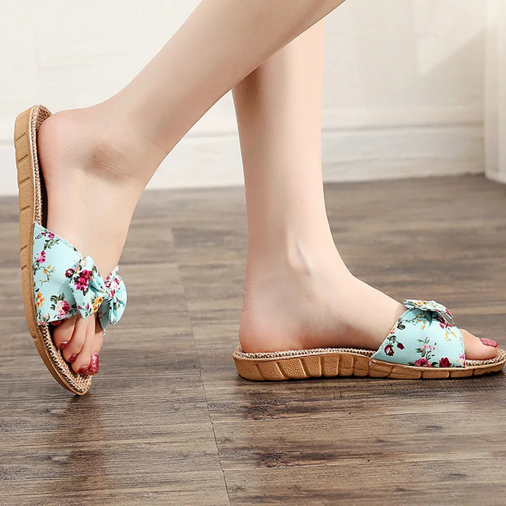 Shoes For Woman Sandalias Mujer Women Female Bowknot Flax Linen Flip Flops Beach Shoes Sandals Slipper Chaussures Femme