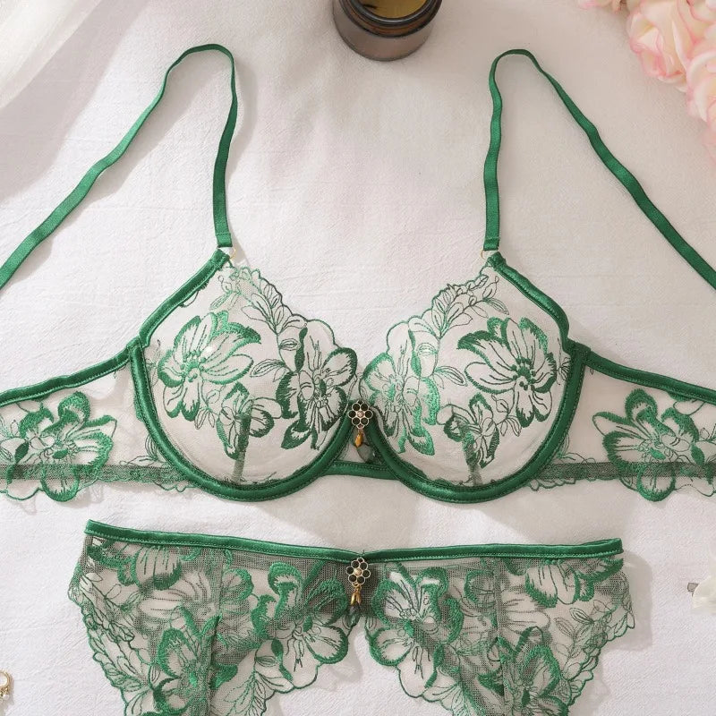 Lingeries Sexy Hot Elegant Ethical Underwear Floral Embroidery See Through 4-piece Push Up Lace Bra Thong Garter Lingerie Sets