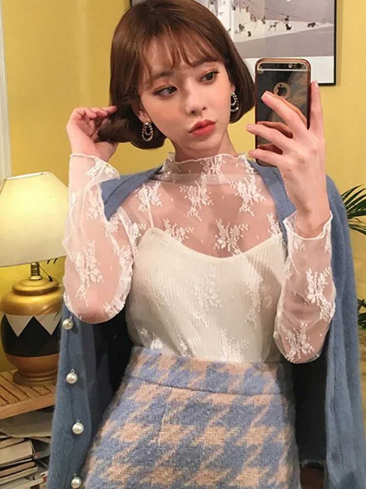 Summer Women Lace Floral Embroidery Blouses Shirt Ladies tops Sexy mesh Blouses Transparent Elegant See-through Black Shirt