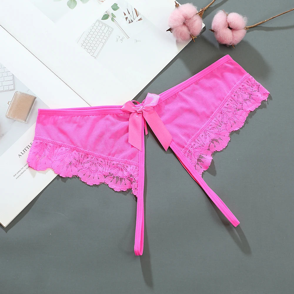Sexy Female Llingerie  Sexy Lingerie Women's Panties Crotch Opening Transparent G-strings Thongs Hollow Out Solids Bowknot Under