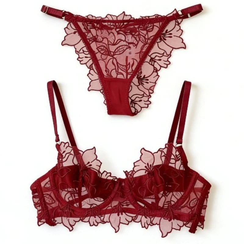 Padded Bra Set Small Bust | Lace Embroidered & Mesh Underwear Set with Soft Underwire, Comfortable Demi Cup Sexy Tushy Panty PP