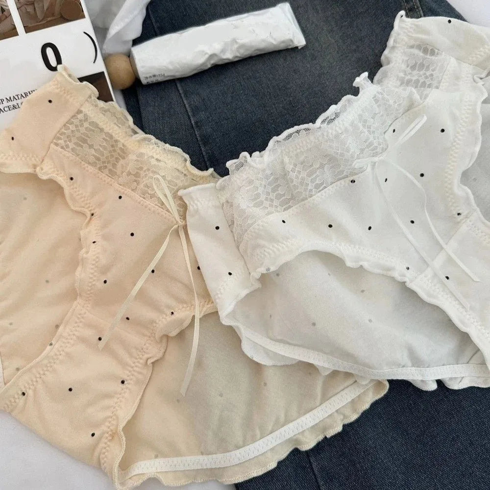 Lingerie Mid-waist Underwear Women Ruffle Patchwork Cotton Bow Briefs Dots Underpants Sweet Panties Summer