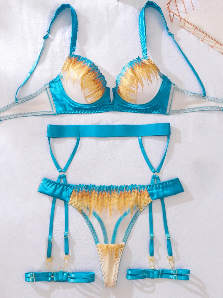 Lingeries Sexy Hot Set Floral Lace Embroidery Push-Up Bra & Garter Belt 4-Piece Exotic Underwear Sultry Suspender Lingerie Set