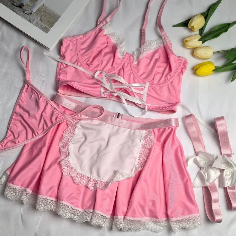 Women Lace Bandage Bra And Panty Underwear Set Hot Erotic Sexy Costumes Underwire Push Up Corset Bralette Top Bow Leg Rings