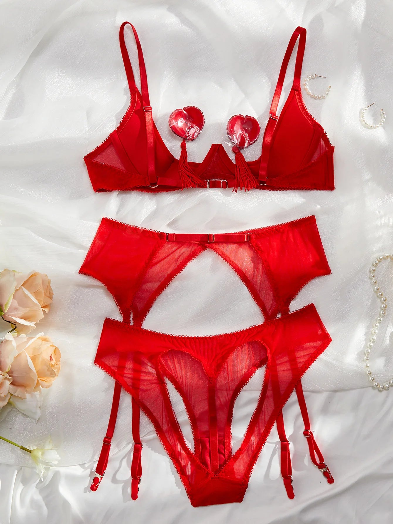 Bra Set Breast revealing deep V-shaped binding strap tassel hollow out sexy lingerie sexy set diamond girl bra and panties sets