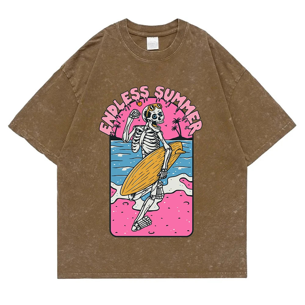 Endless Summer Skeleton Surfing 
Washed Retro Snow Clothing Men Quality T-Shirt Summer Cotton T-Shirts Hip Hop Street Loose Tops