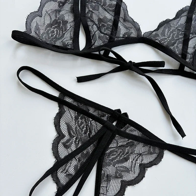 Sexy Lace-up Lingerie Set Women Hot Open Crotch Transparent Sexy Bra and Panty Sets Sex Temptation Erotic Couples Date Underwear