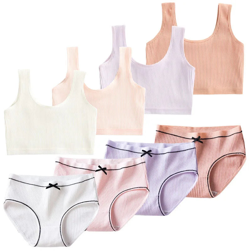 Cotton Girls Panties And Bras Sets Teenage Girls Cotton Training Bra Panty Set Solid Kids Sports Bra Briefs Underwear