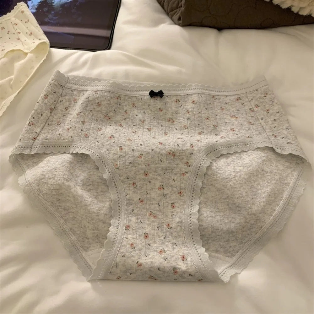 Lingerie Mid-waist Underwear for Women Bear Bow Sweet Floral Panties Underpants Grid Cotton Briefs Summer