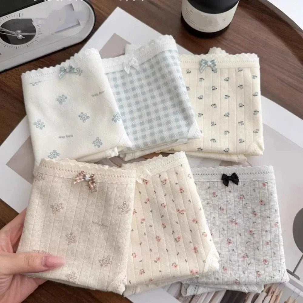 Lingerie Mid-waist Underwear for Women Bear Grid Sweet Floral Panties Underpants Bow Cotton Briefs Lady