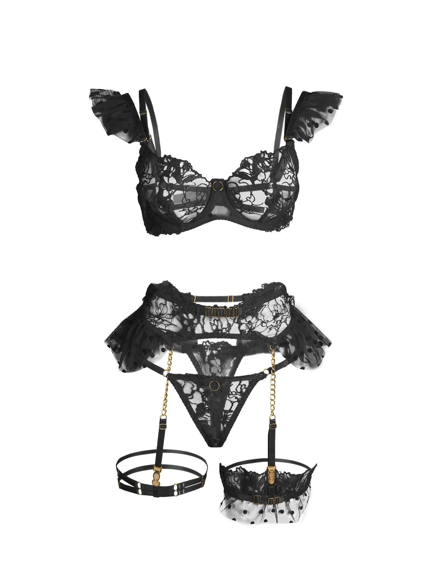 Bra Panty Set White Sexy Embroidery Lace Garter Belts Panties Leg Rings Erotic 2 piece Lingerie Set + Underwire Female Underwear
