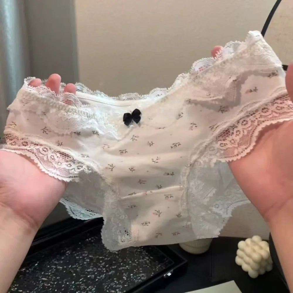 Lingerie Mid Waist Sweet Lace Panties Tulip Bow Underwear for Women Polka Dot Grid Floral Cotton Pnaties Female