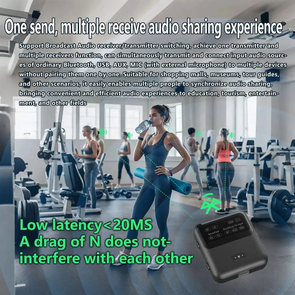 Bluetooth 5.4 Audio Transceiver LE Audio, Broadcast 1TX To 100+ RX Devices Sharing, Clip-On Design AAC/aptX-AD/LC3,USB/AUX/MIC