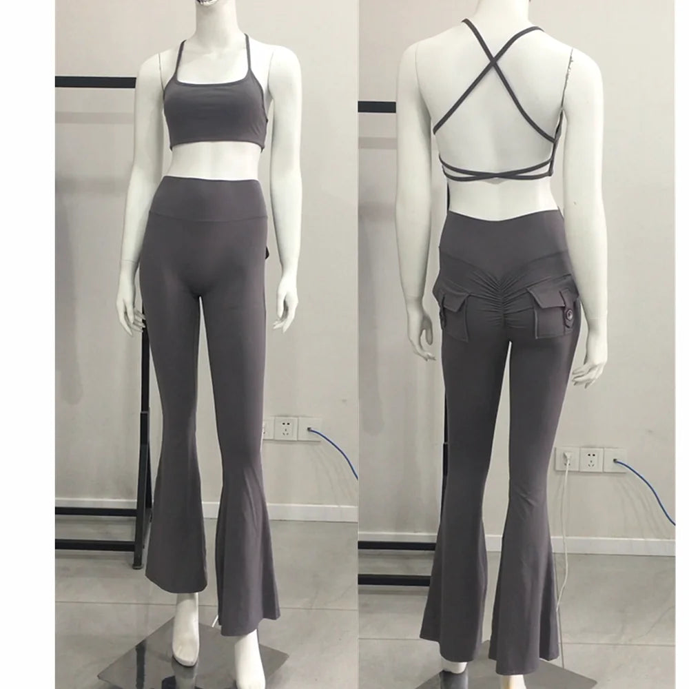 1/2PCS Fitness Cross Sport Bra Fitness Yoga Set Women High Waist Flare Leggings Female Workout Pant Tracksuit Gym Active Suits