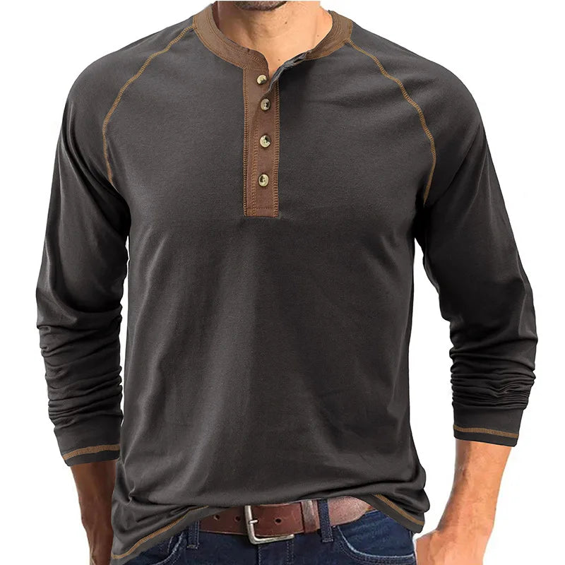 Summer  Autumn Men's American Heavy Cotton Henry Shirt  Long Sleeve Fitness Tough Guy T-Shirt Casual  T Shirt for Men Clothing