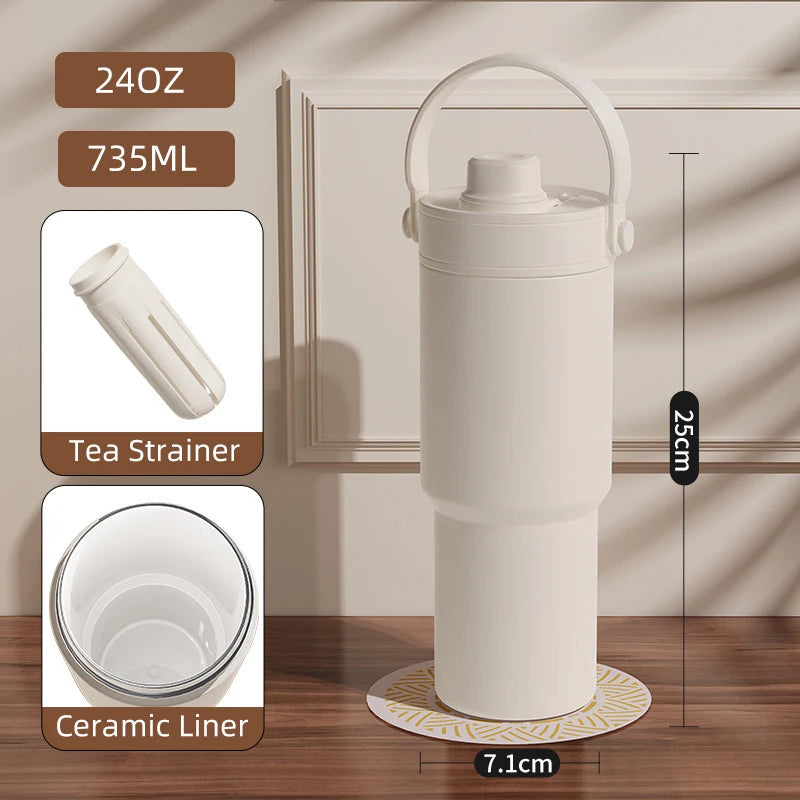 Ceramic Tumbler with Handle Thermal Mug Large 24OZ Straw Portable Cold Coffee Thermos Lined insulated Vacuum Flask Travel Bottle