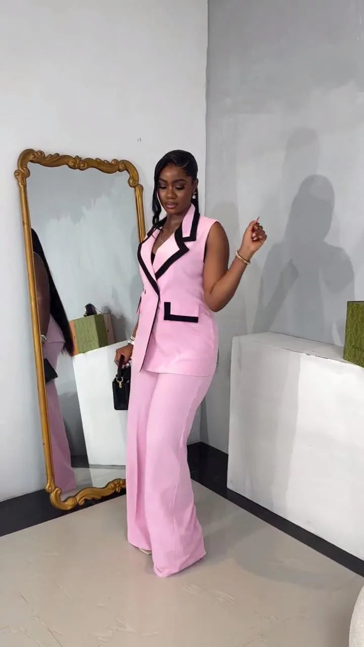 Pants Set Women Two Piece Sets Matching Sets Work Elegant Double Breasted Tops Vest Wide Leg Long Pants High Waist Y2k Pink
