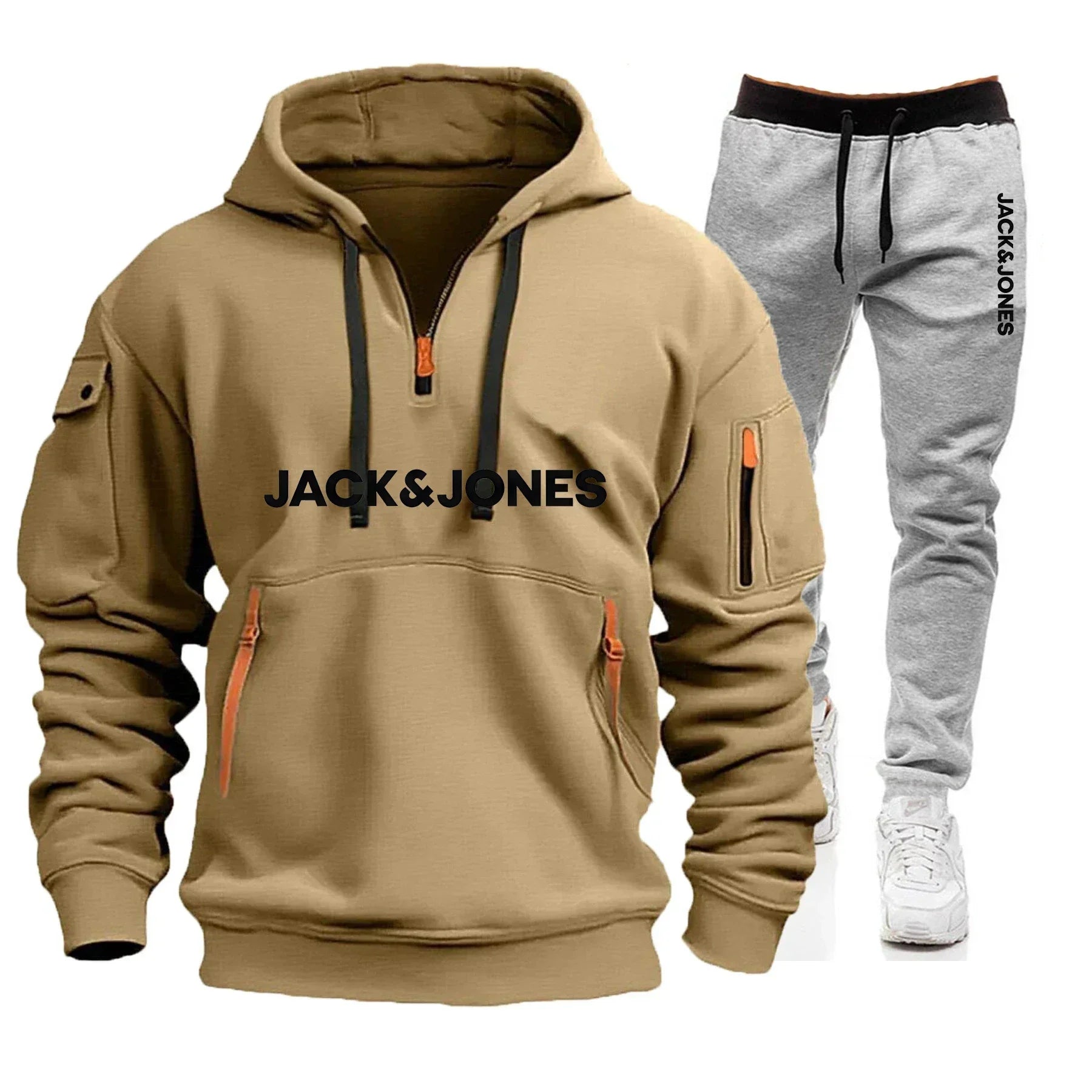 A two-piece outdoor fashion jogging and fitness set for men in autumn and winter, featuring a hooded sweatshirt and casual pants