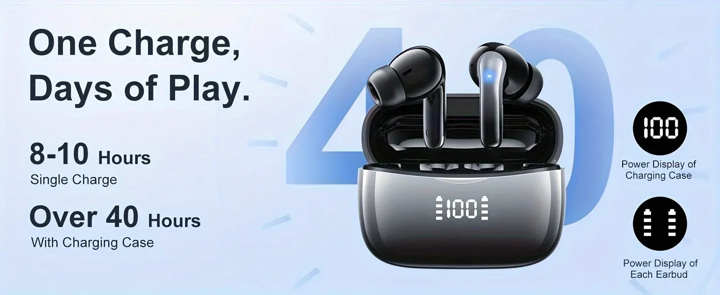 Bluetooth 5.3 Wireless Earbuds ENC Noise Cancelling Mic 50H Playtime Deep Bass Stereo Sound IP7 Waterproof LED Display Mini In-E