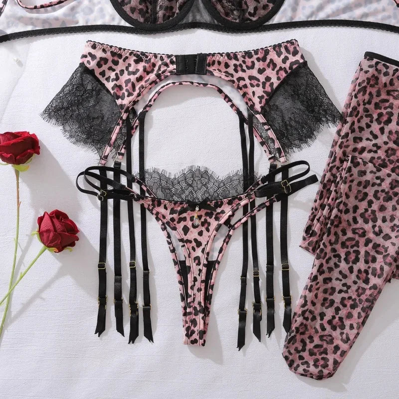 Lingerie Sexy Hot Wild Leopard Bra 5PC Set with Stockings Seductive Riding Suit Unleash Desire Party Kit Erotic Sexy Underwear