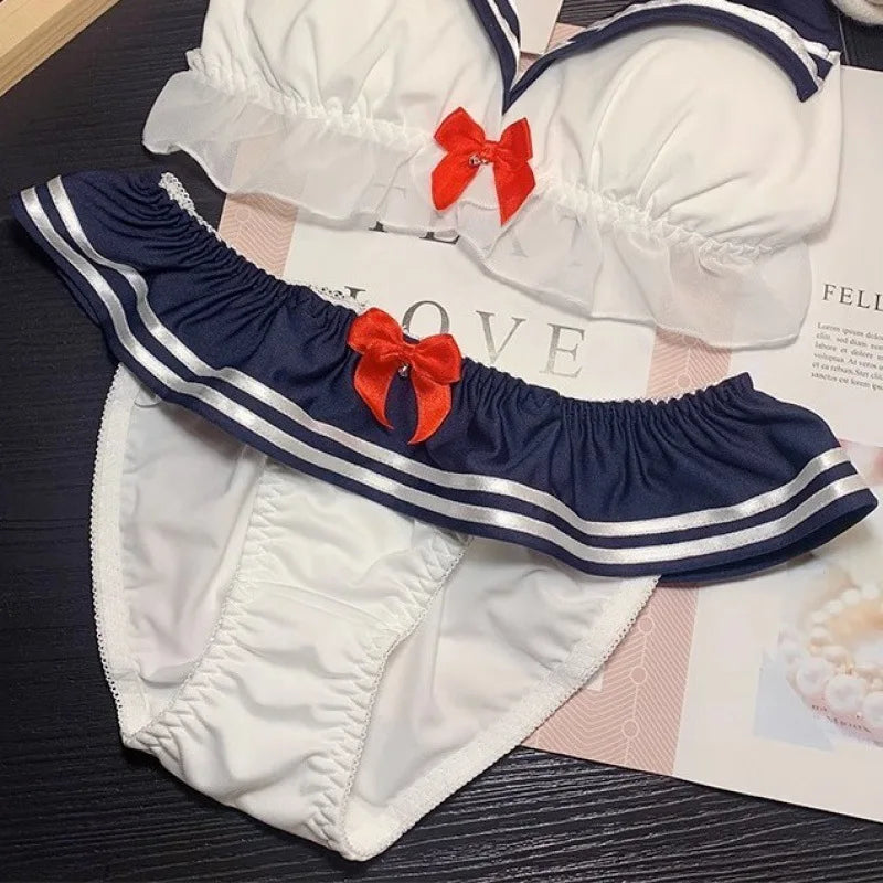 Sexy Bra Set for Women and Girls, Navy Style, Breathable Thin No-Wire Triangle Cup, Lifting and Slimming Bra Two-Piece Set