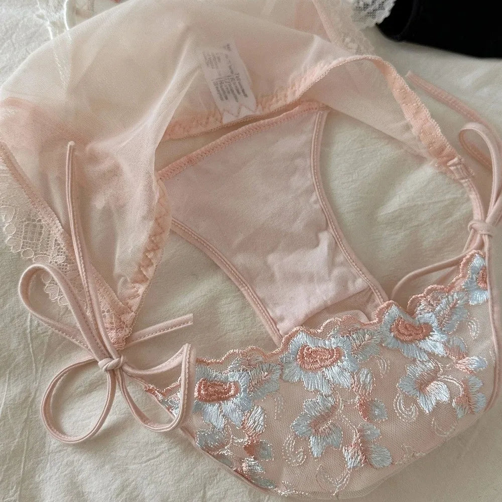Lingerie Low Waist Embroidery Flower Panties Cotton Crotch Sweet Underwear for Women Transparent Lace-up Underwear Lady