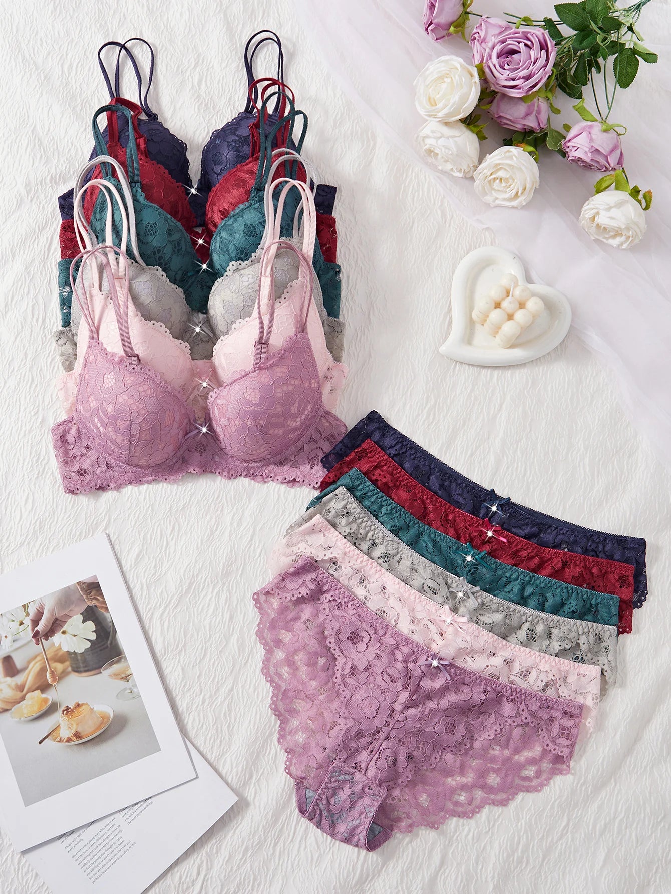 6-Piece Set Women's Bra and Panties Set Sexy Patterned Lace Patchwork No Lining Comfortable Fitting Women's Push-Up Bra Women's Underwear Set
