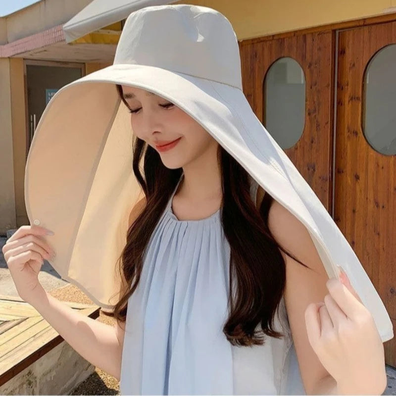 Summer Hats for Women Outdoor UV Anti Neck Protection Sun Visors for Lady Fishing Hiking Wide Brim Shawl Sunscreen Ponytail Cap