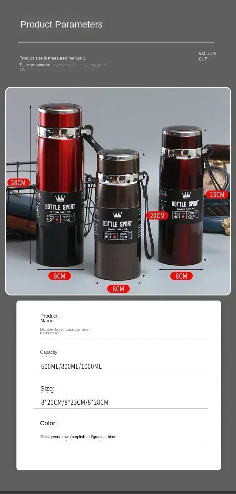 Thermos Bottle 1L Thermal Water Bottle Stainless Steel Insulated Cup Gradient Color Lid Strap Travel Outdoor Sports Wholesale