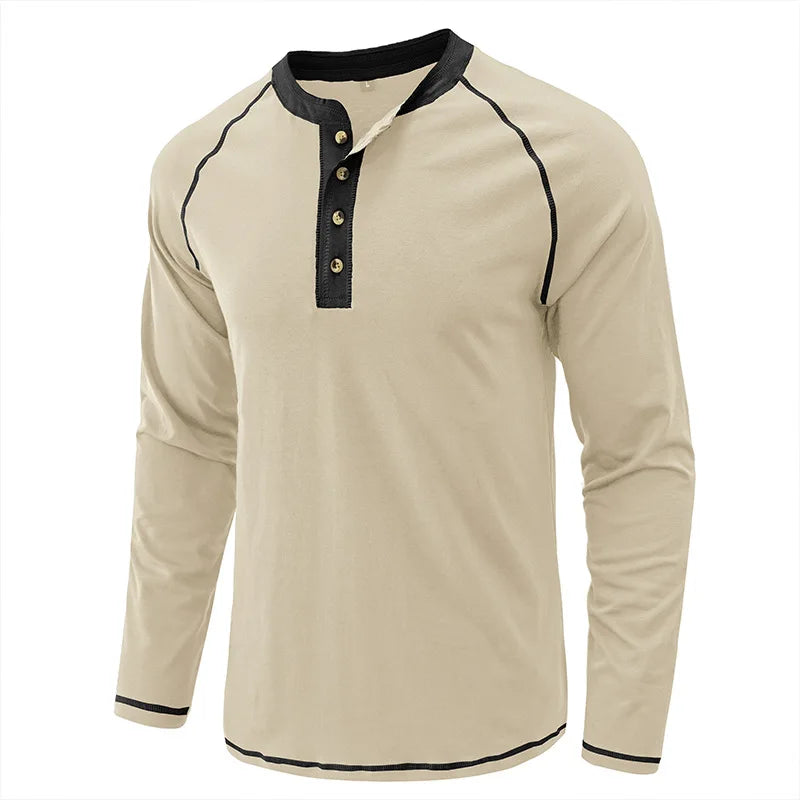 Summer  Autumn Men's American Heavy Cotton Henry Shirt  Long Sleeve Fitness Tough Guy T-Shirt Casual  T Shirt for Men Clothing