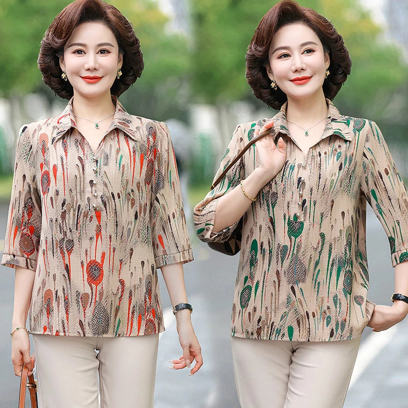 Summer Plus Size Shirt For Women's 2025 Printed Loose Top Mulberry Silk Blended Vacation Work Women's Clothing