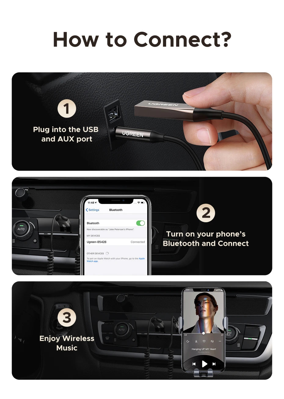 UGREEN Bluetooth 6.0 5.4 Handsfree Adapter Bluetooth 3.5mm AUX Music Navigation Streaming Microphone for Calls Car